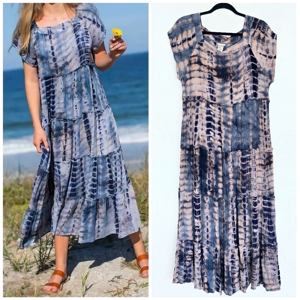 Berkley Tie-Dye Tiered Maxi Dress - Blue & Cream